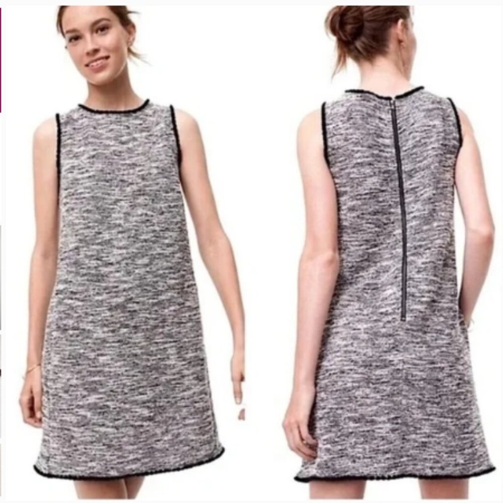 LOFT Tweed Sleeveless Fringe Trim Shift Dress (1402)